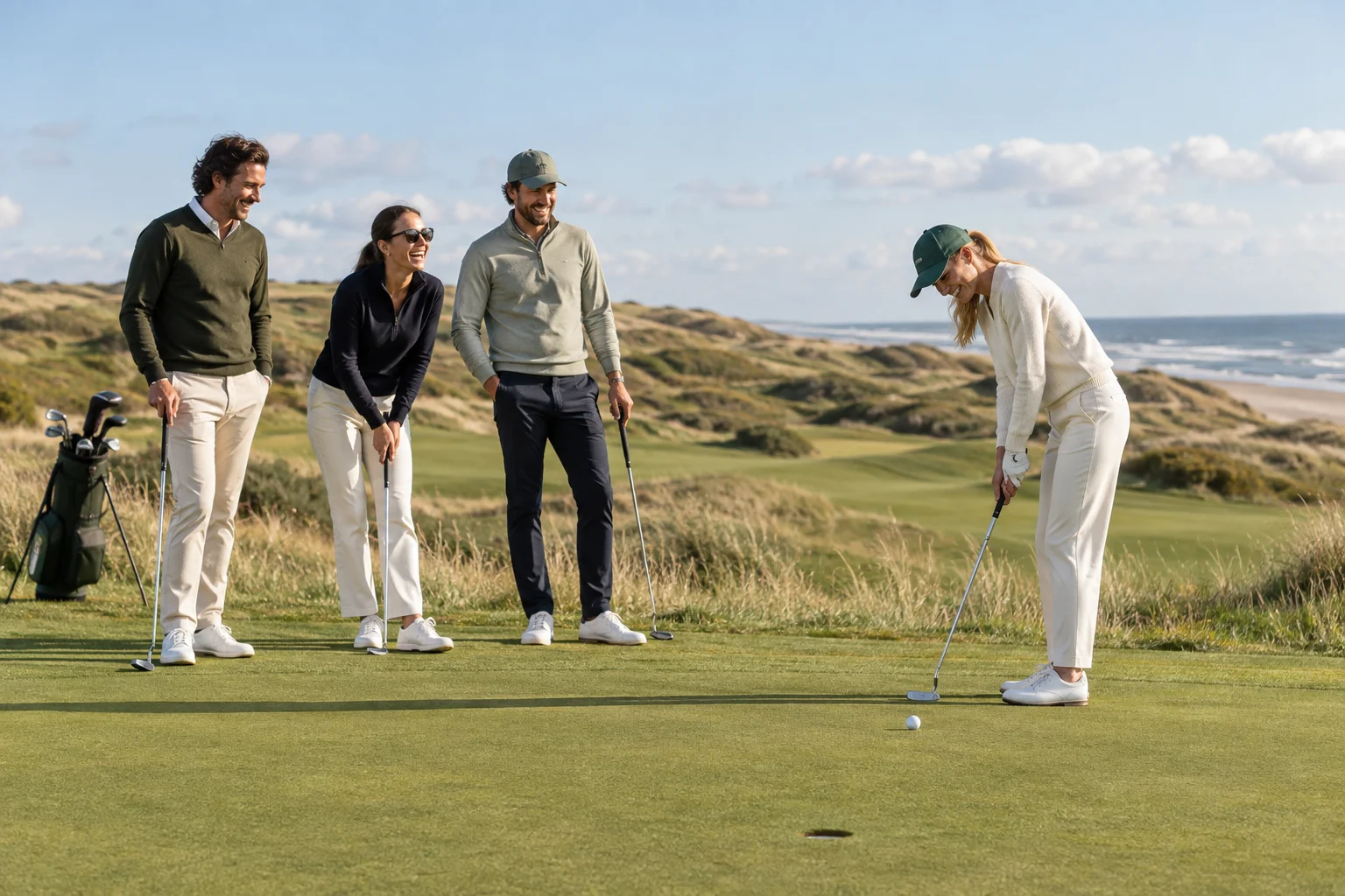 Fire golfvenner nyder en runde sammen på en klitbane
