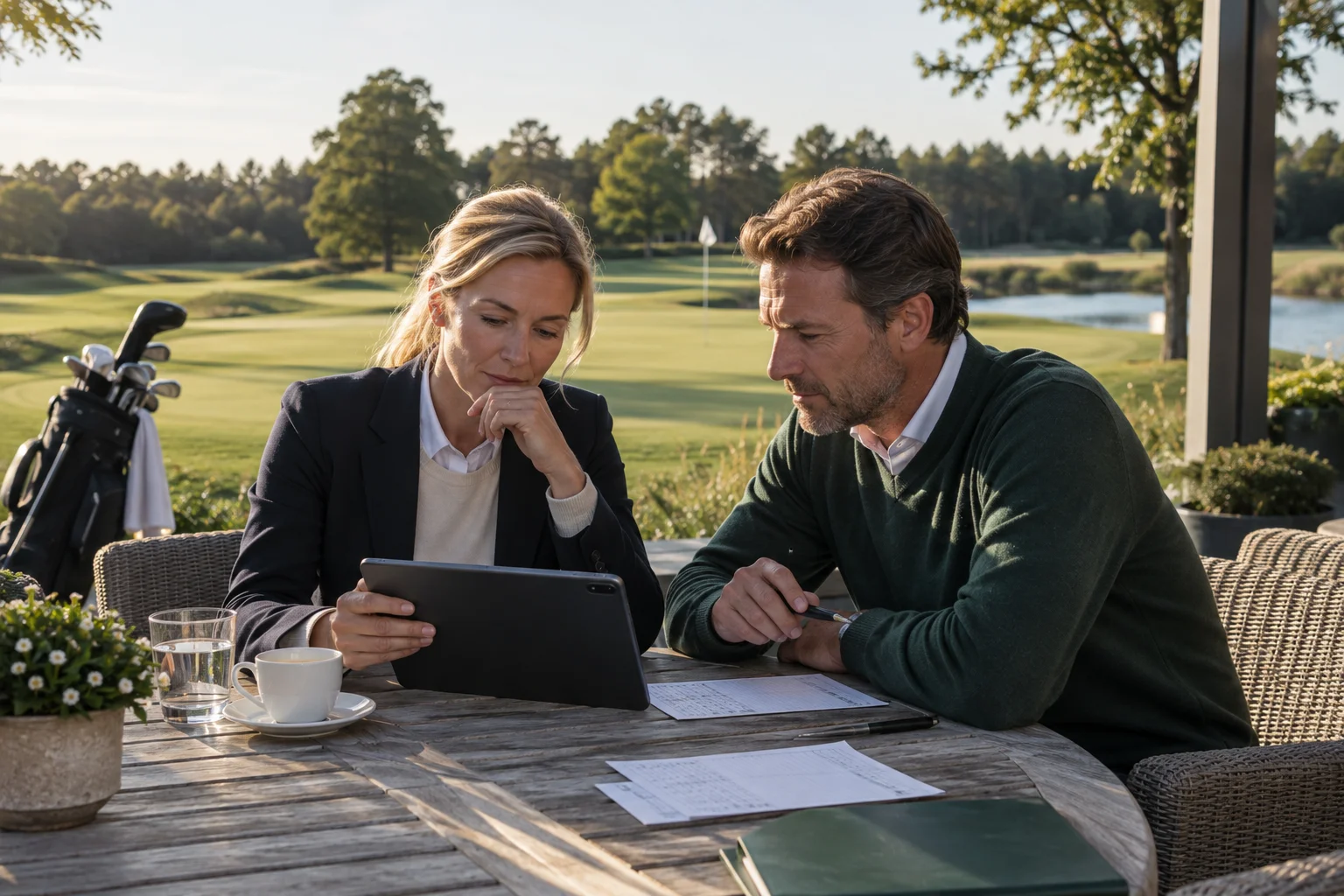 En turneringsleder og kollega forbereder en golfdag sammen