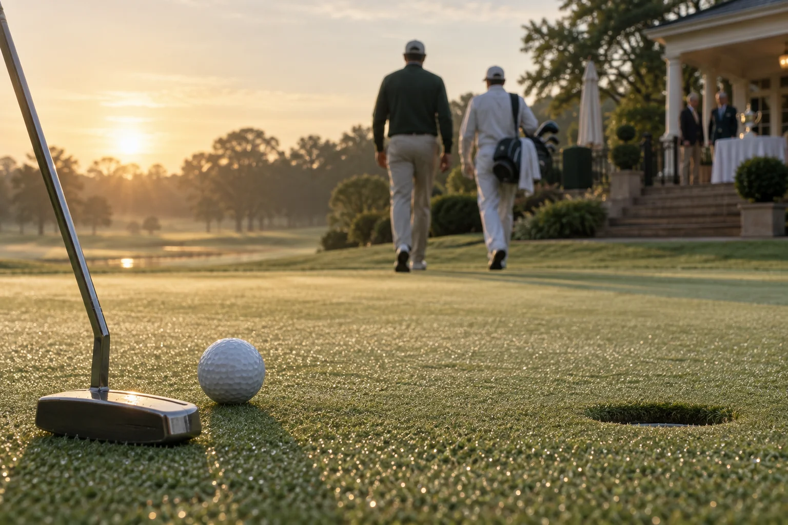 Ein Golfball auf dem Grün im Morgenlicht vor einer Wettkampfrunde